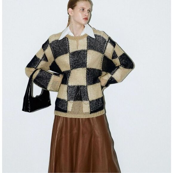 The Open Product Sweater Women’s S Checker Board Wool Mohair Oversized‎ Slouchy - Picture 1 of 9